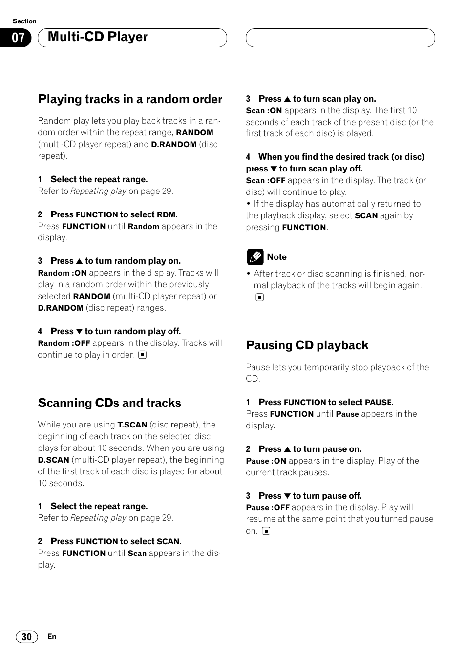 Multi-cd player, Playing tracks in a random order, Scanning cds and tracks | Pausing cd playback | Pioneer DEH-P7400MP User Manual | Page 30 / 112