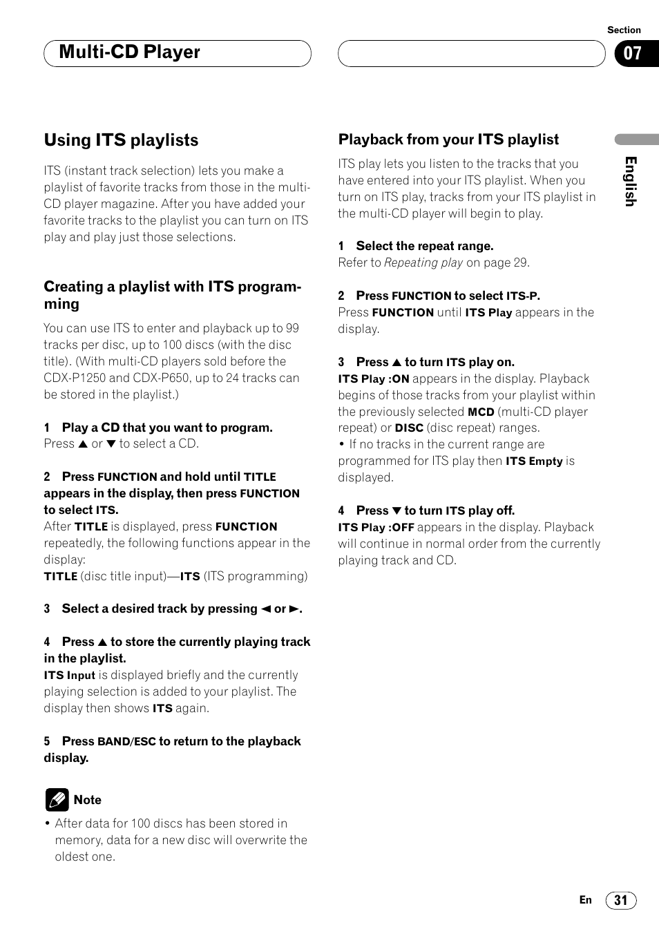 Using its playlists 31, Creating a playlist with its, Programming 31 | Playback from your its playlist 31, Multi-cd player, Using its playlists | Pioneer DEH-P7400MP User Manual | Page 31 / 112