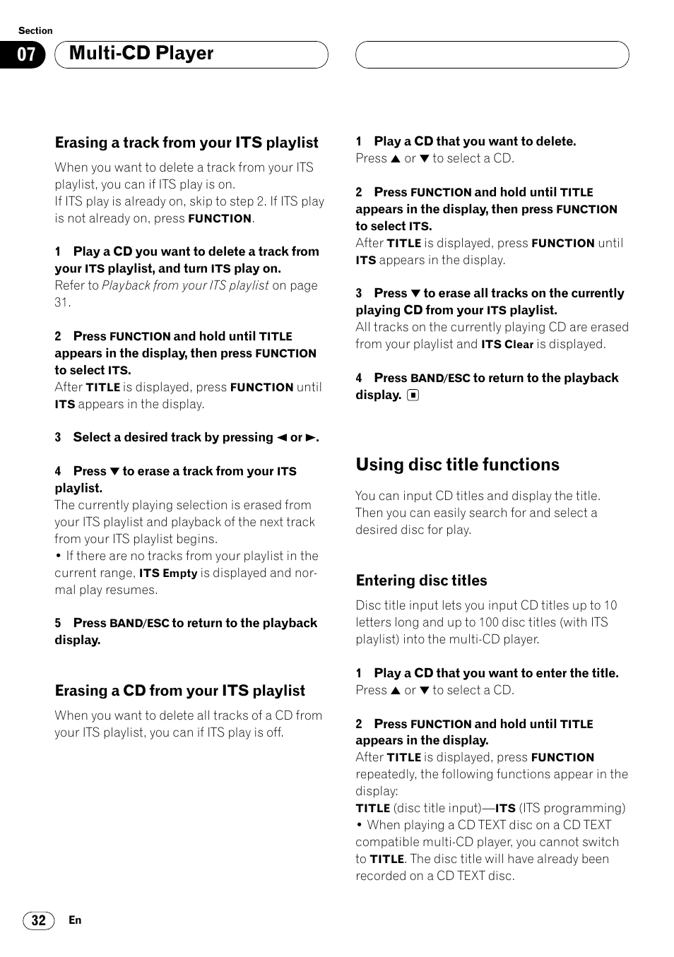 Erasing a track from your its, Playlist 32, Erasing a cd from your its playlist 32 | Using disc title functions 32, Entering disc titles 32, Multi-cd player, Using disc title functions, Erasing a track from your its playlist, Erasing a cd from your its playlist, Entering disc titles | Pioneer DEH-P7400MP User Manual | Page 32 / 112