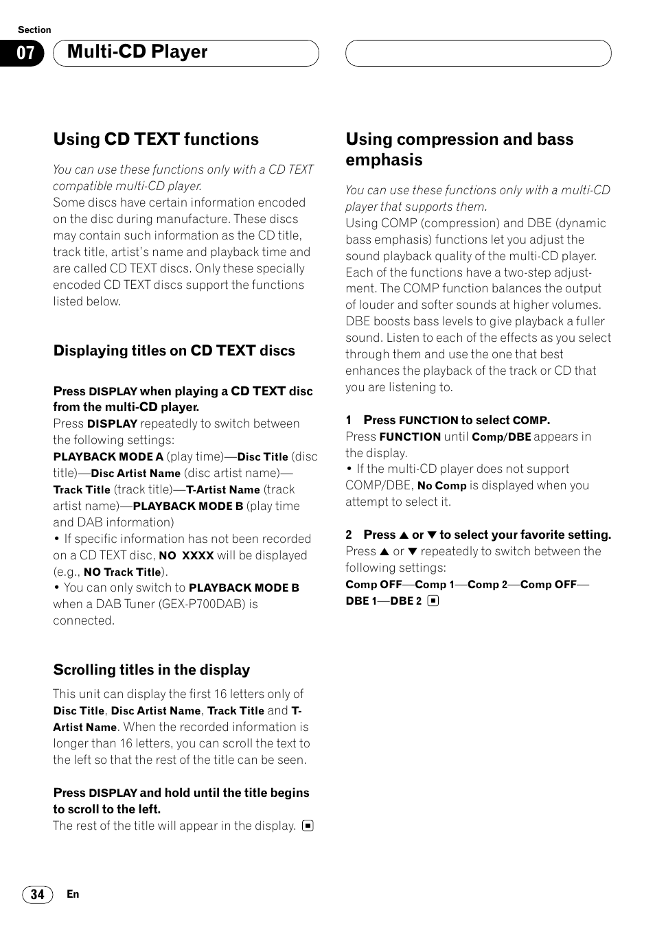 Using cd text functions 34, Using compression and bass emphasis 34, Multi-cd player | Using cd text functions, Using compression and bass emphasis, Displaying titles on cd text discs, Scrolling titles in the display | Pioneer DEH-P7400MP User Manual | Page 34 / 112