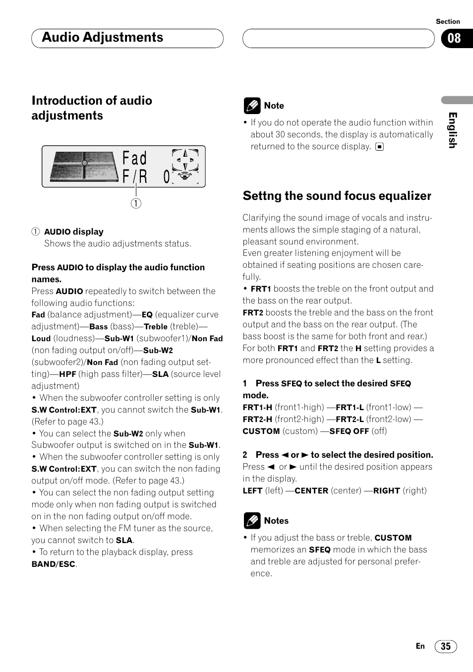 Audio adjustments, Introduction of audio adjustments, Settng the sound focus equalizer | Pioneer DEH-P7400MP User Manual | Page 35 / 112