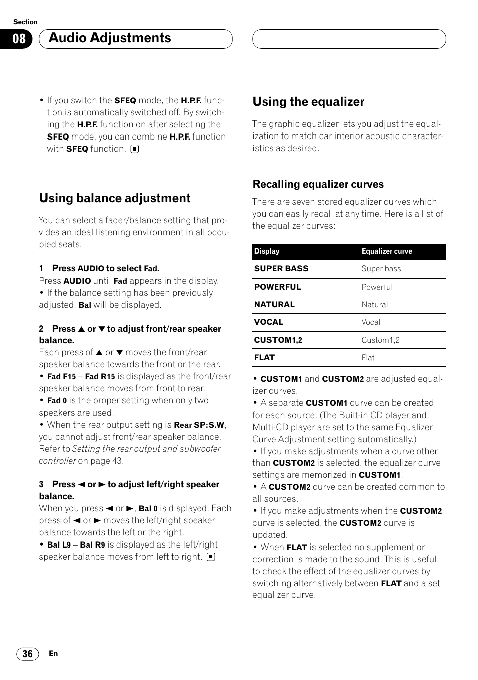 Using balance adjustment 36 using the equalizer 36, Recalling equalizer curves 36, Audio adjustments | Using balance adjustment, Using the equalizer, Recalling equalizer curves | Pioneer DEH-P7400MP User Manual | Page 36 / 112