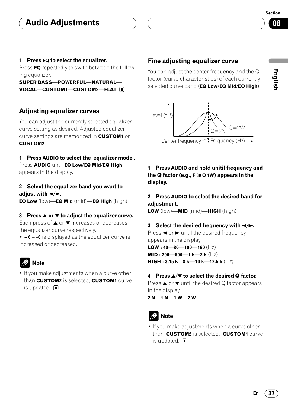 Audio adjustments, Adjusting equalizer curves, Fine adjusting equalizer curve | Pioneer DEH-P7400MP User Manual | Page 37 / 112