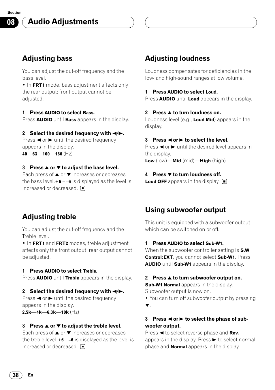 Audio adjustments, Adjusting bass, Adjusting treble | Adjusting loudness, Using subwoofer output | Pioneer DEH-P7400MP User Manual | Page 38 / 112