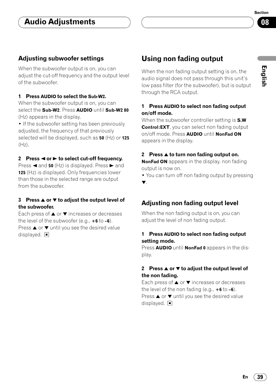 Adjusting subwoofer settings 39, Using non fading output 39, Adjusting non fading output level 39 | Audio adjustments, Using non fading output | Pioneer DEH-P7400MP User Manual | Page 39 / 112