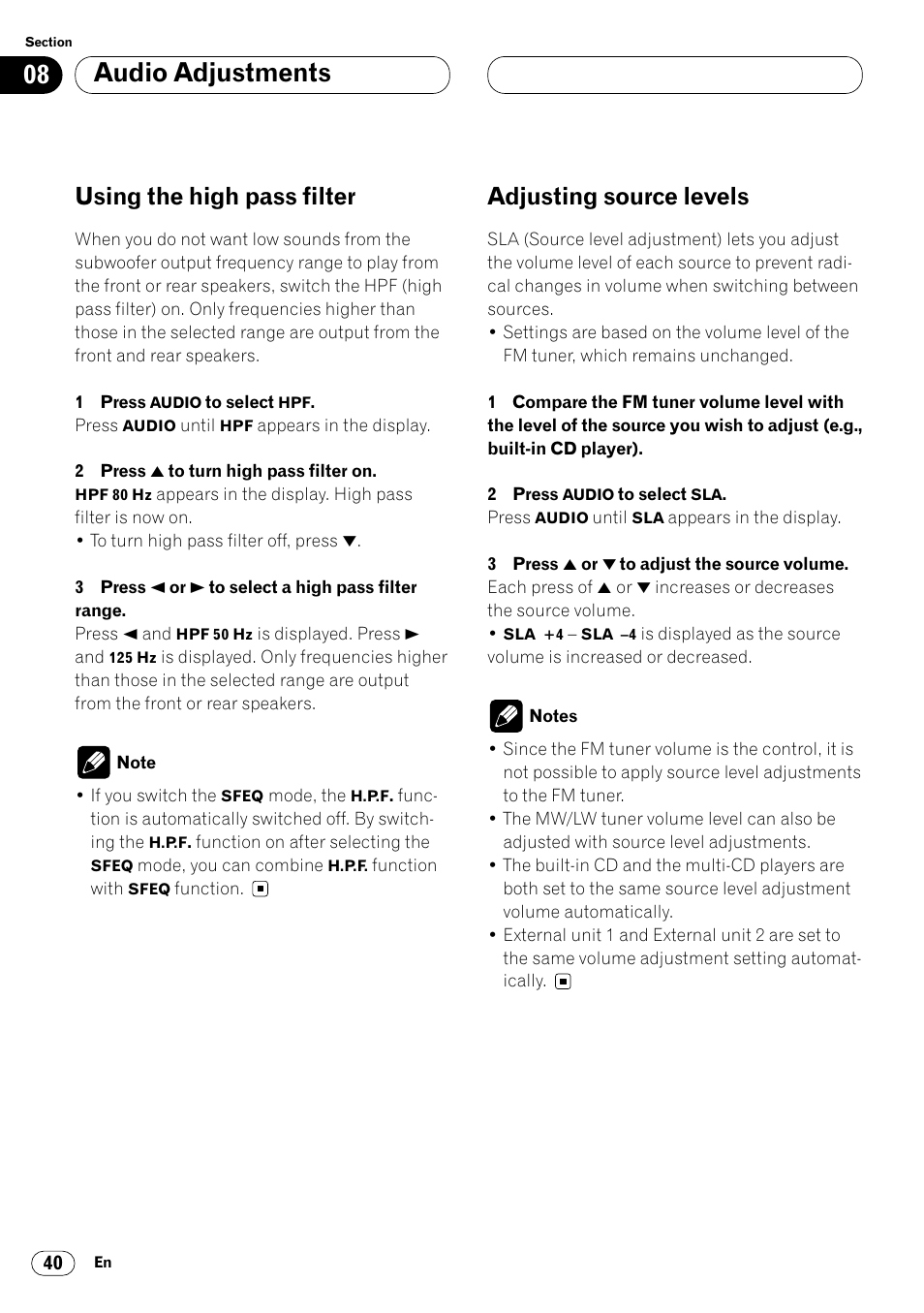 Audio adjustments, Using the high pass filter, Adjusting source levels | Pioneer DEH-P7400MP User Manual | Page 40 / 112