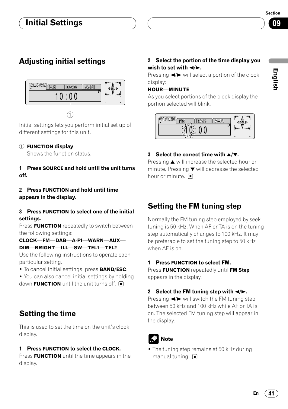 Initial settings, Adjusting initial settings, Setting the time | Setting the fm tuning step | Pioneer DEH-P7400MP User Manual | Page 41 / 112