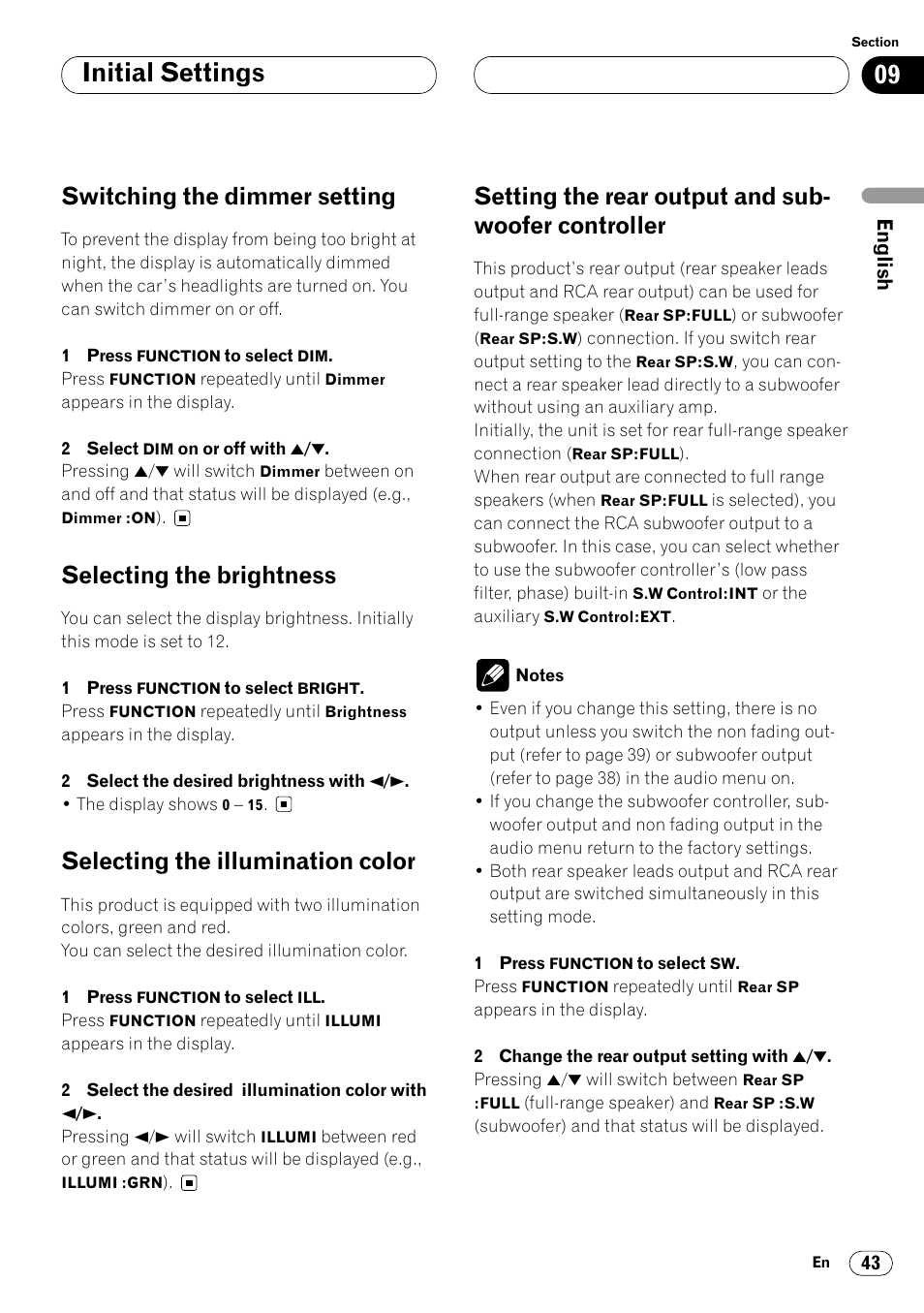 Subwoofer controller 43, Initial settings, Switching the dimmer setting | Selecting the brightness, Selecting the illumination color, Setting the rear output and sub- woofer controller | Pioneer DEH-P7400MP User Manual | Page 43 / 112