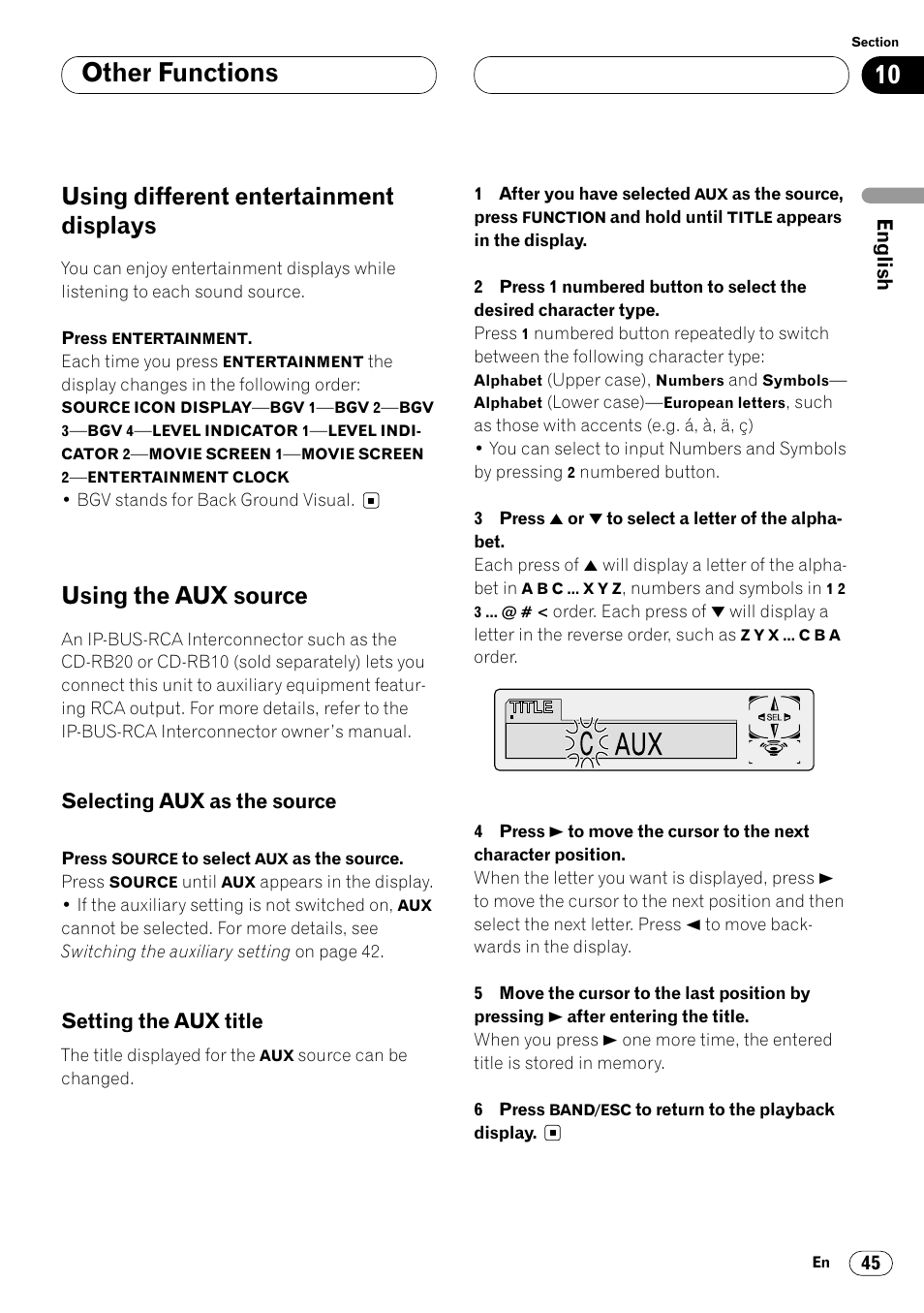 Other functions, Using different entertainment displays, Using the aux source | Selecting aux as the source, Setting the aux title | Pioneer DEH-P7400MP User Manual | Page 45 / 112