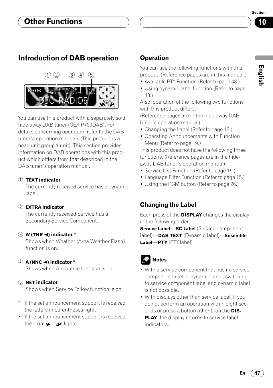 Introduction of dab operation 47, Operation 47 • changing the label 47, Other functions | Introduction of dab operation | Pioneer DEH-P7400MP User Manual | Page 47 / 112