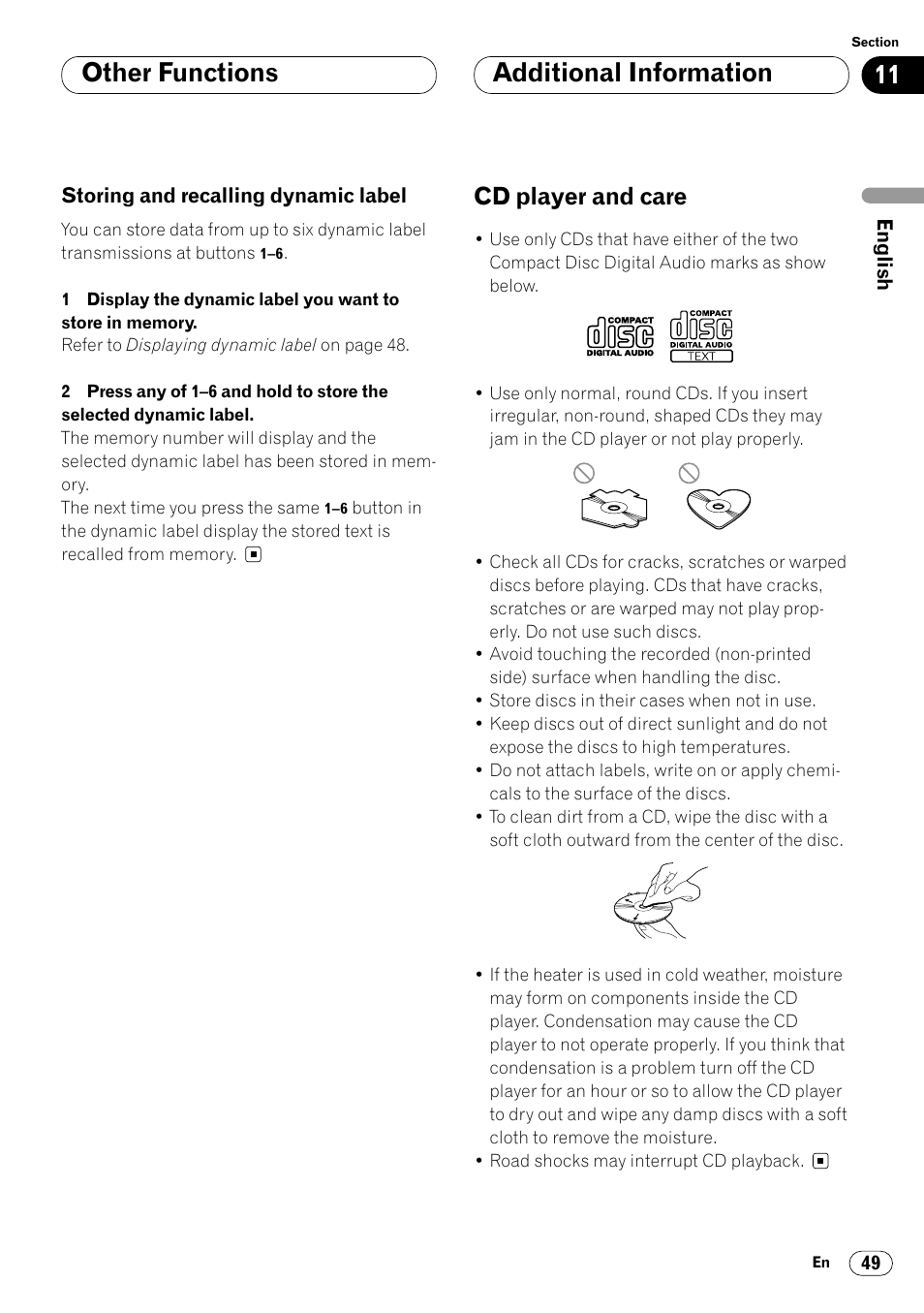 Storing and recalling, Dynamic label 49, Additional information cd player and care 49 | Other functions additional information, Cd player and care | Pioneer DEH-P7400MP User Manual | Page 49 / 112