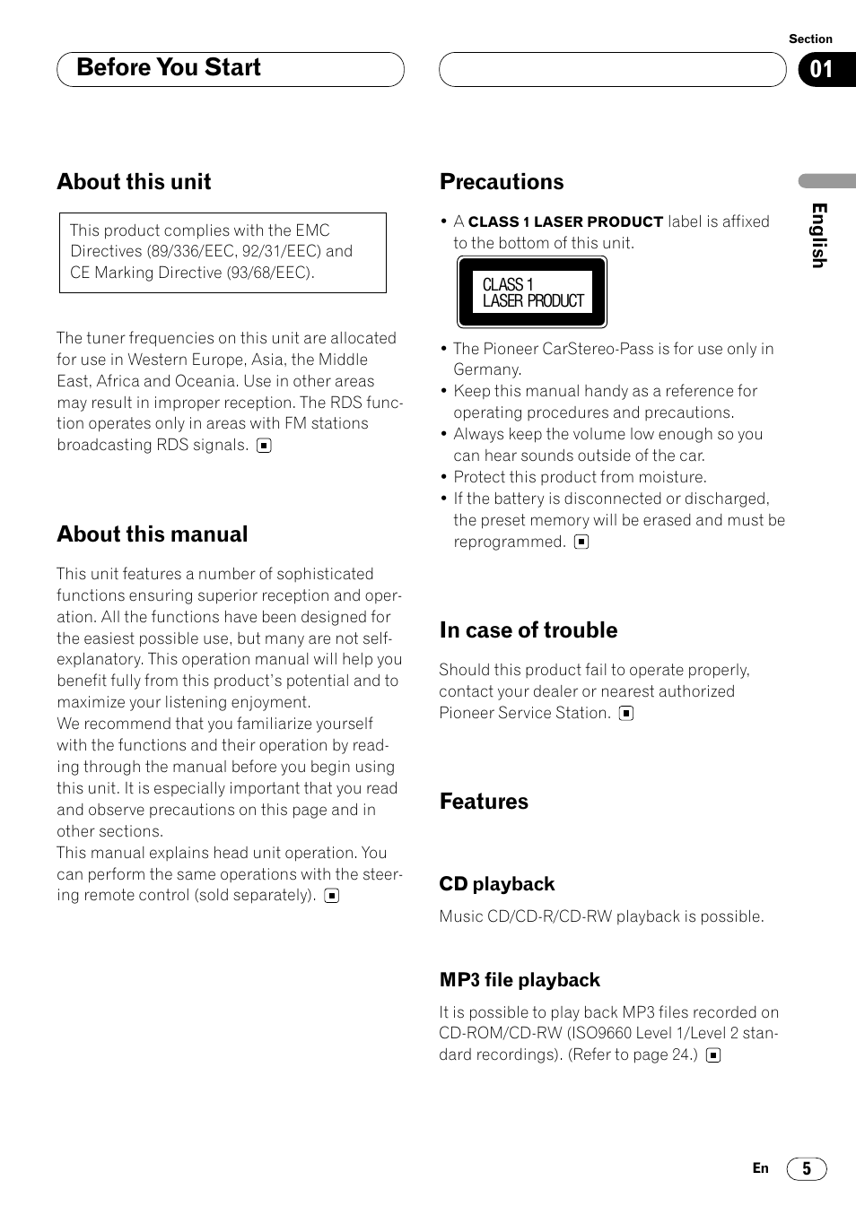 Cd playback 5 • mp3 file playback 5, Before you start, About this unit | About this manual, Precautions, Features | Pioneer DEH-P7400MP User Manual | Page 5 / 112