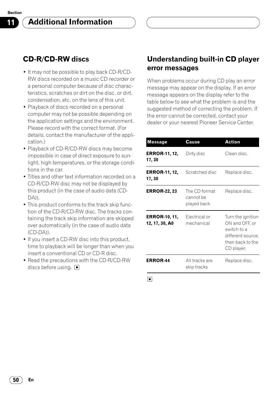 Messages 50, Additional information, Cd-r/cd-rw discs | Understanding built-in cd player error messages | Pioneer DEH-P7400MP User Manual | Page 50 / 112