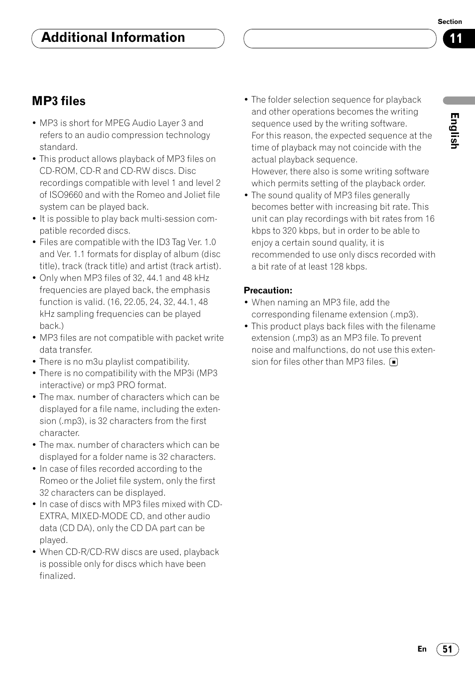 Mp3 files 51, Additional information, Mp3 files | Pioneer DEH-P7400MP User Manual | Page 51 / 112