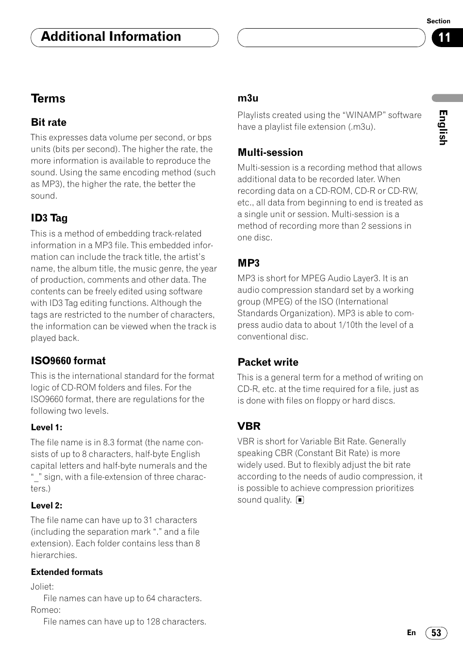 Terms 53, Additional information, Terms | Pioneer DEH-P7400MP User Manual | Page 53 / 112