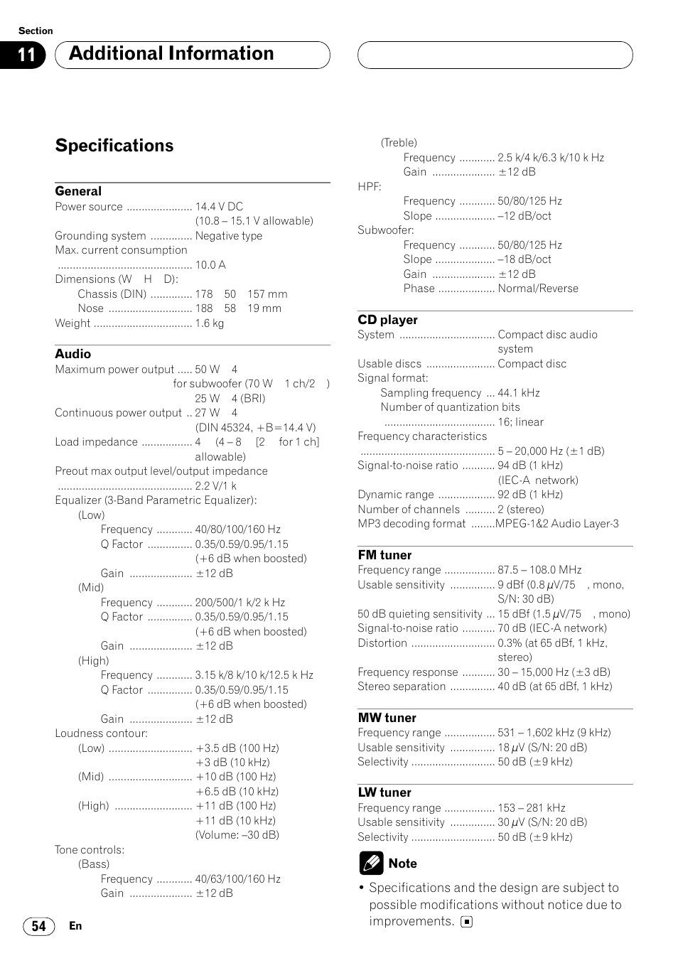 Specifications 54, Additional information, Specifications | Pioneer DEH-P7400MP User Manual | Page 54 / 112