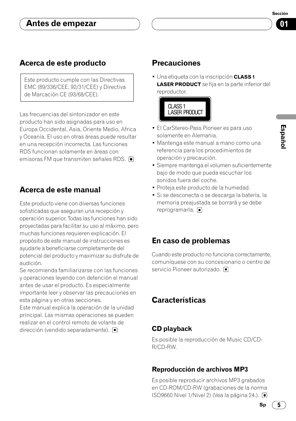 Cd playback 5 • reproducción de archivos mp3 5, Antes de empezar, Acerca de este producto | Acerca de este manual, Precauciones, En caso de problemas, Características | Pioneer DEH-P7400MP User Manual | Page 59 / 112