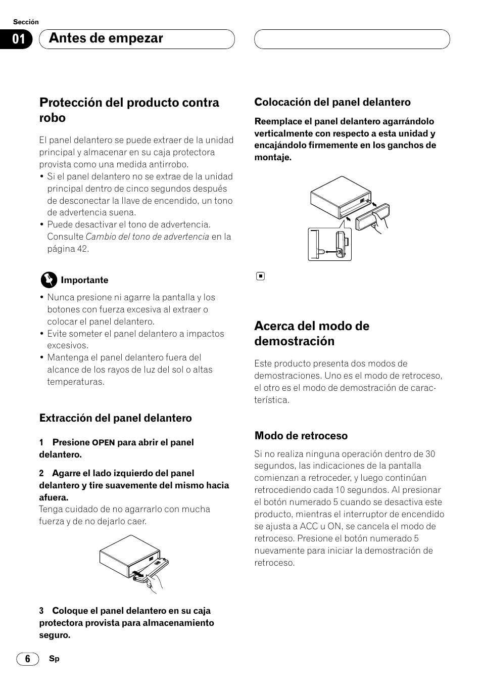 Protección del producto contra robo 6, Acerca del modo de demostración 6, Modo de retroceso 7 | Antes de empezar, Protección del producto contra robo, Acerca del modo de demostración | Pioneer DEH-P7400MP User Manual | Page 60 / 112