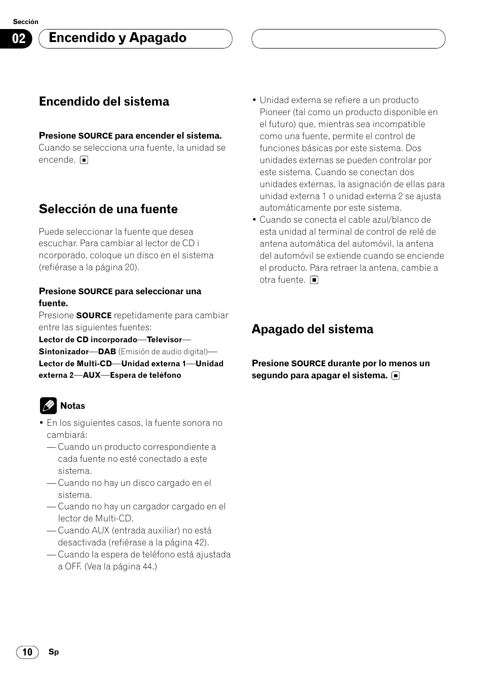 Encendido y apagado, Encendido del sistema, Selección de una fuente | Apagado del sistema | Pioneer DEH-P7400MP User Manual | Page 64 / 112