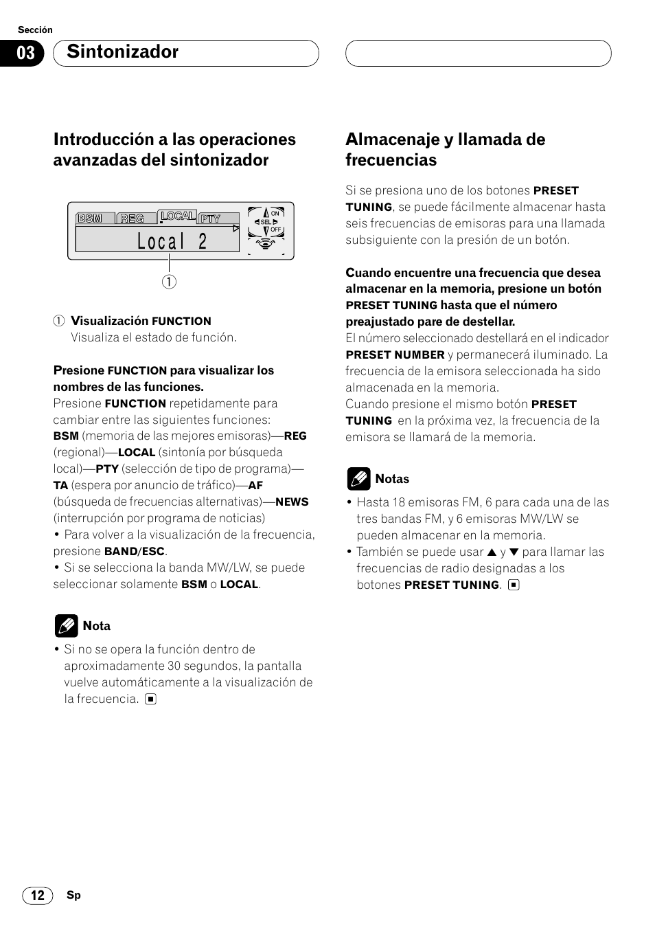 Introducción a las operaciones avanzadas, Del sintonizador 12, Almacenaje y llamada de frecuencias 12 | 03 sintonizador, Almacenaje y llamada de frecuencias | Pioneer DEH-P7400MP User Manual | Page 66 / 112