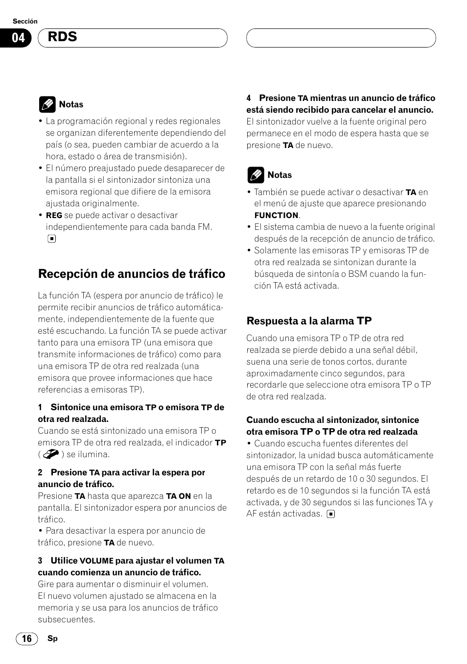 Recepción de anuncios de tráfico 16, Respuesta a la alarma tp 16, 04 rds | Recepción de anuncios de tráfico | Pioneer DEH-P7400MP User Manual | Page 70 / 112