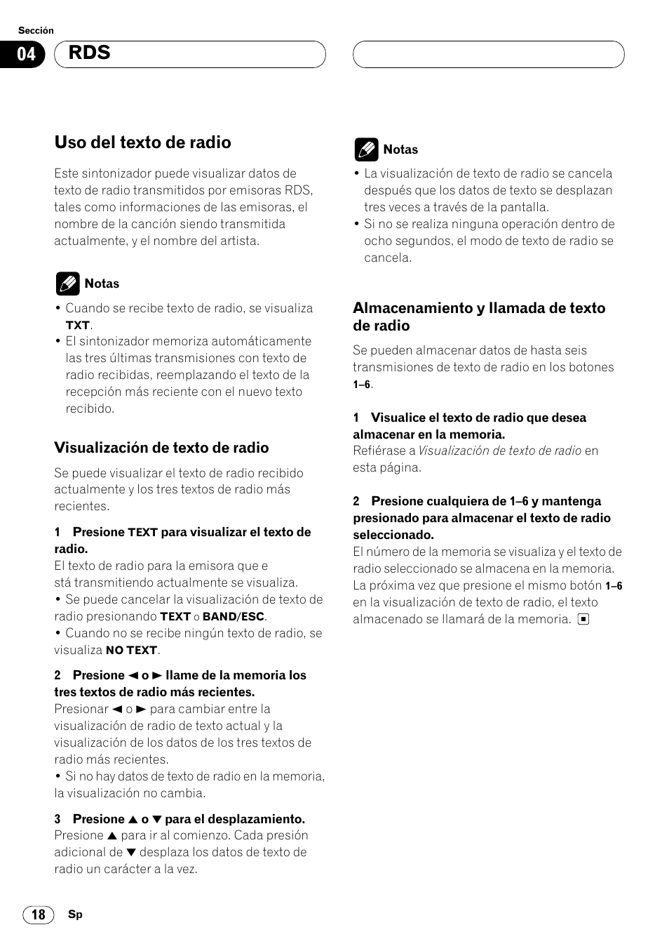 Uso del texto de radio 18, Radio 18, Uso del texto de radio | Pioneer DEH-P7400MP User Manual | Page 72 / 112