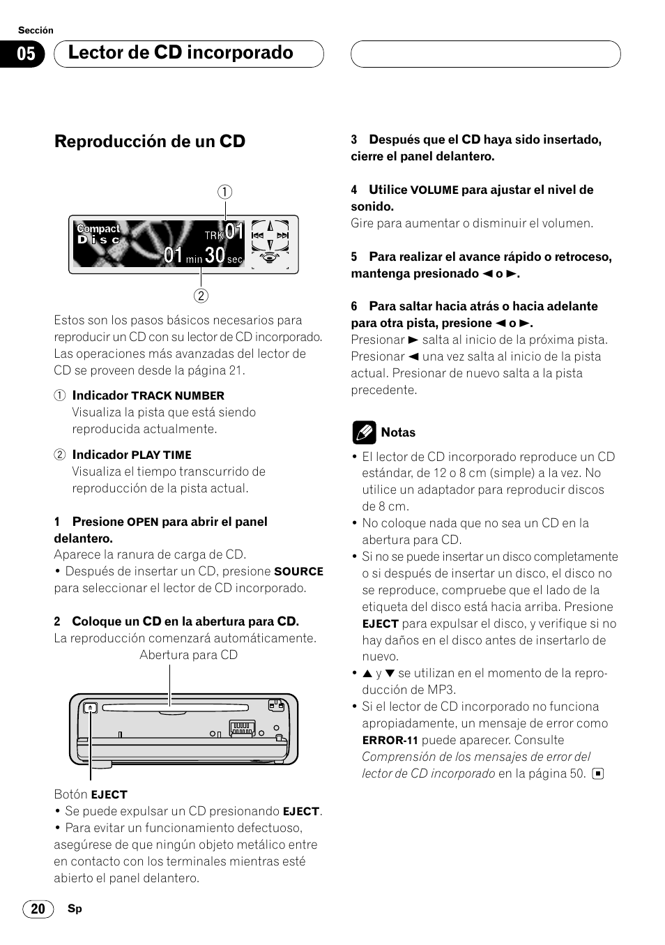 Lector de cd incorporado reproducción de un cd 20, Lector de cd incorporado, Reproducción de un cd | Pioneer DEH-P7400MP User Manual | Page 74 / 112