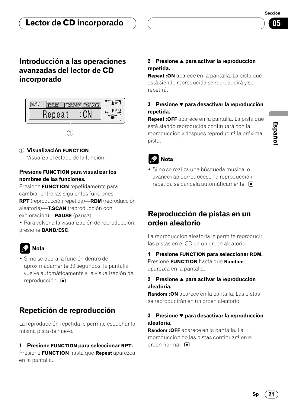 Introducción a las operaciones avanzadas, Del lector de cd incorporado 21, Aleatorio 21 | Lector de cd incorporado, Repetición de reproducción, Reproducción de pistas en un orden aleatorio | Pioneer DEH-P7400MP User Manual | Page 75 / 112