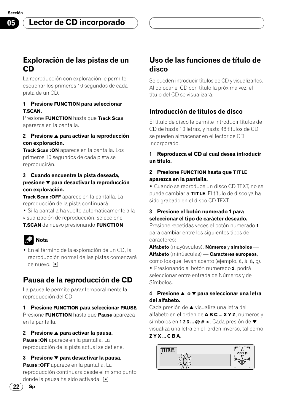 Lector de cd incorporado, Exploración de las pistas de un cd, Pausa de la reproducción de cd | Uso de las funciones de título de disco | Pioneer DEH-P7400MP User Manual | Page 76 / 112