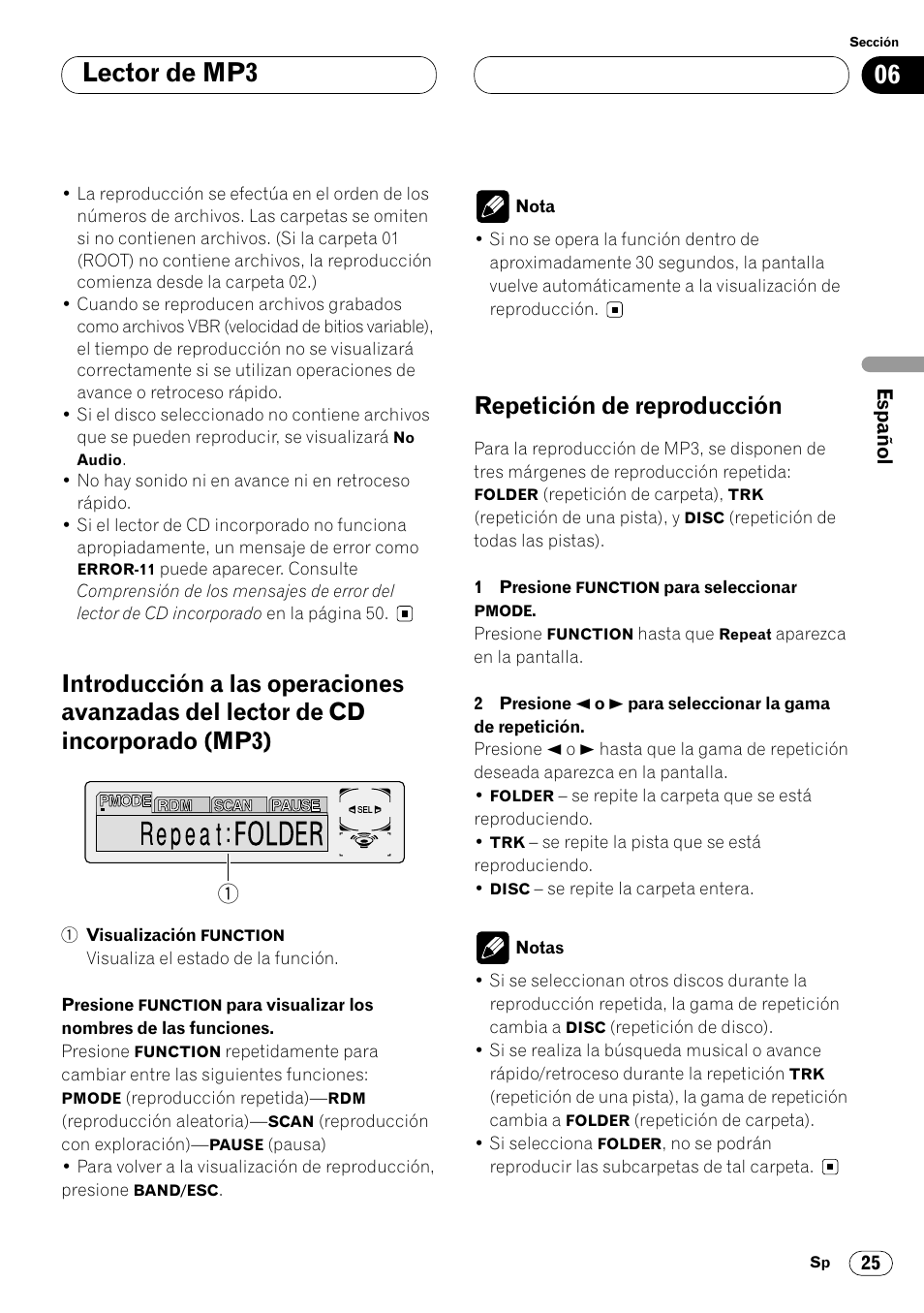 Introducción a las operaciones avanzadas, Del lector de cd incorporado (mp3) 25, Repetición de reproducción 25 | Lector de mp3, Repetición de reproducción | Pioneer DEH-P7400MP User Manual | Page 79 / 112