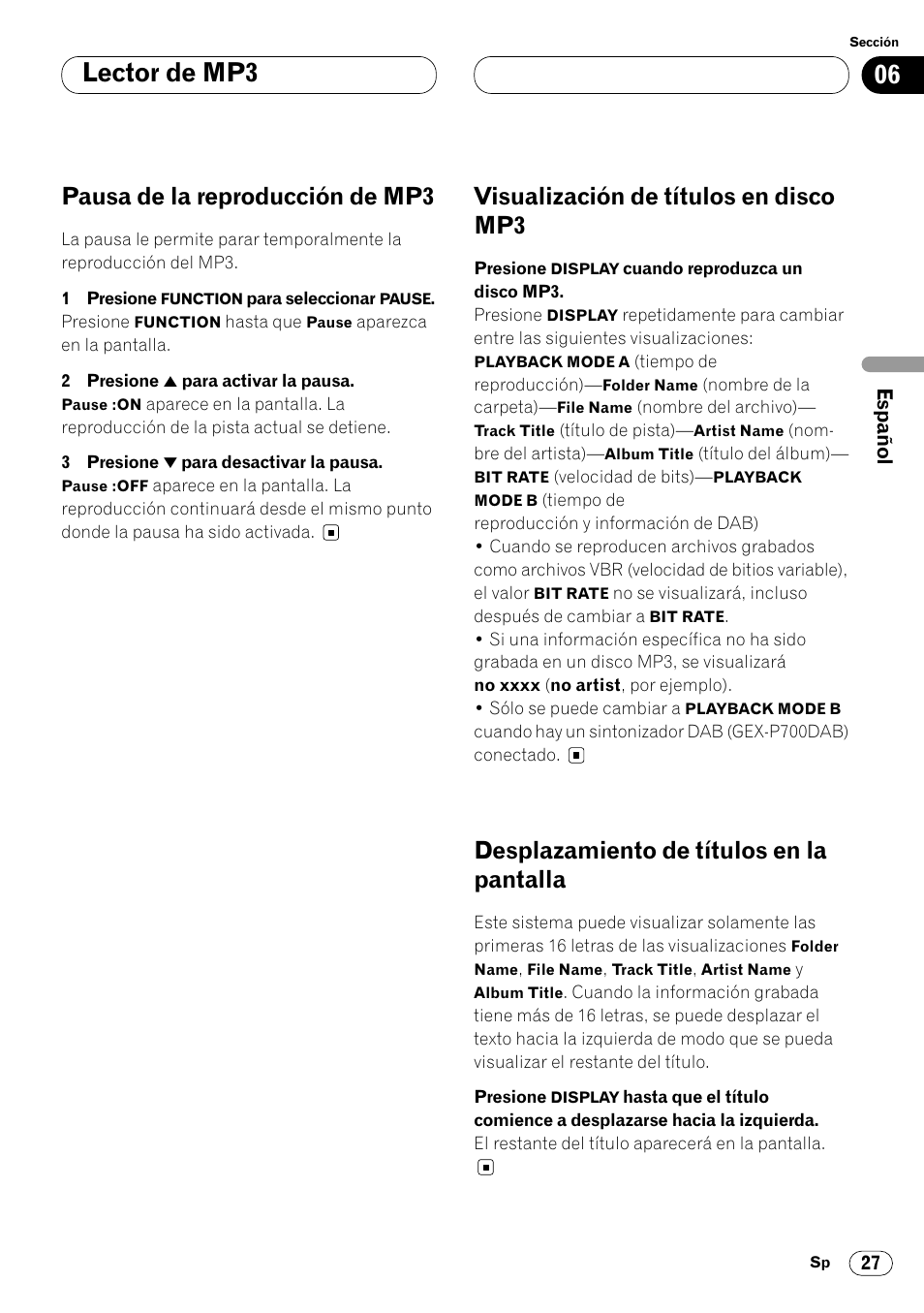 Lector de mp3, Pausa de la reproducción de mp3, Visualización de títulos en disco mp3 | Desplazamiento de títulos en la pantalla | Pioneer DEH-P7400MP User Manual | Page 81 / 112