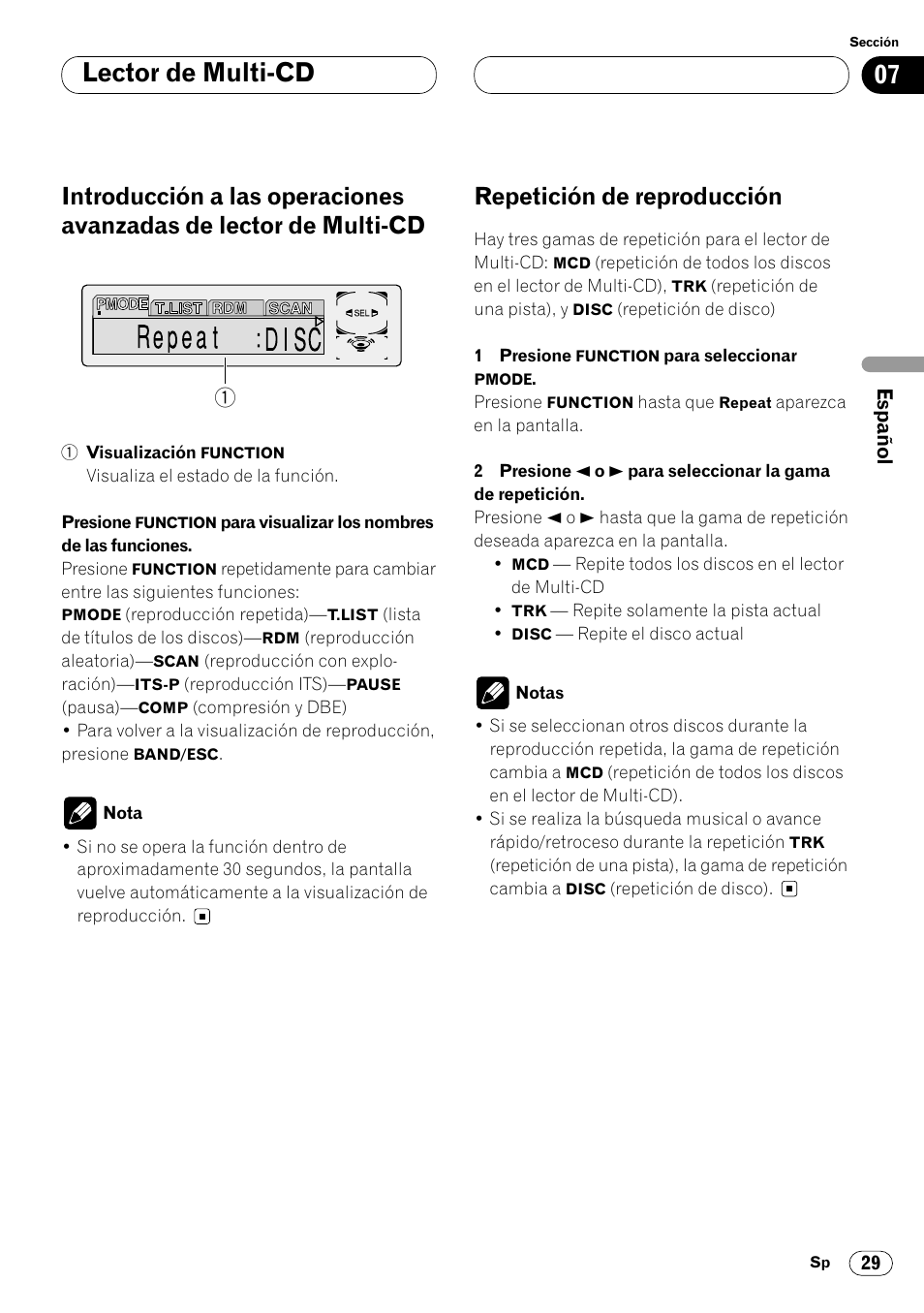 Introducción a las operaciones avanzadas, De lector de multi-cd 29, Repetición de reproducción 29 | Lector de multi-cd, Repetición de reproducción | Pioneer DEH-P7400MP User Manual | Page 83 / 112