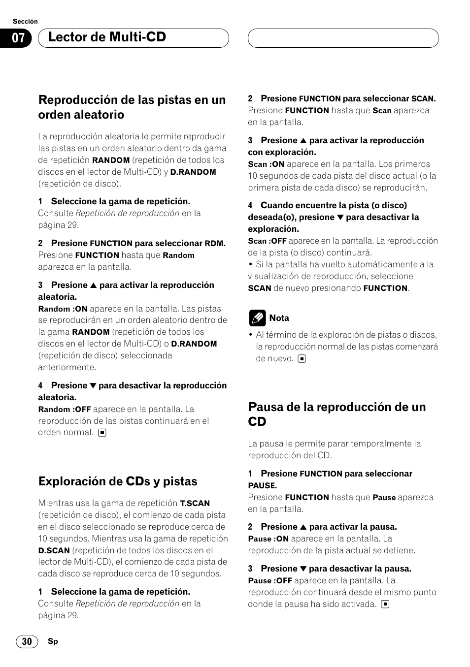 Reproducción de las pistas en un orden, Aleatorio 30, Lector de multi-cd | Reproducción de las pistas en un orden aleatorio, Exploración de cds y pistas, Pausa de la reproducción de un cd | Pioneer DEH-P7400MP User Manual | Page 84 / 112