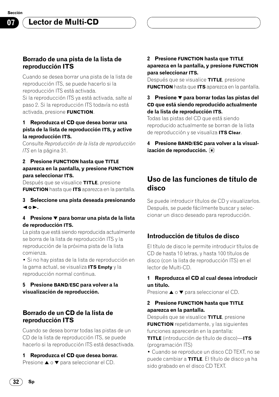 Borrado de una pista de la lista de, Reproducción its 32, Borrado de un cd de la lista de | Uso de las funciones de título de disco 32, Introducción de títulos de disco 32, Lector de multi-cd, Uso de las funciones de título de disco, Borrado de un cd de la lista de reproducción its, Introducción de títulos de disco | Pioneer DEH-P7400MP User Manual | Page 86 / 112