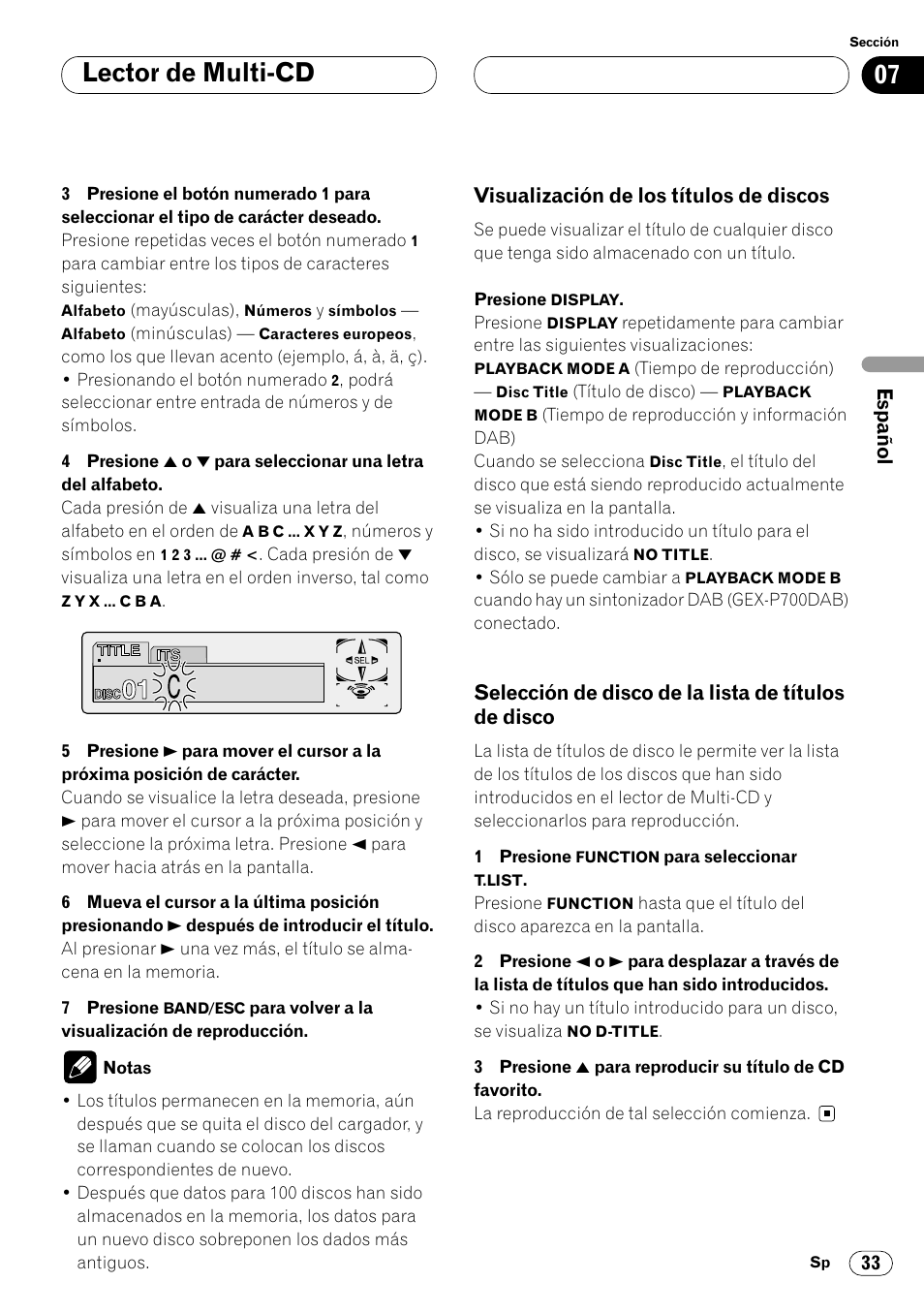 Visualización de los títulos de, Discos 33, Selección de disco de la lista de títulos | De disco 33, Lector de multi-cd | Pioneer DEH-P7400MP User Manual | Page 87 / 112