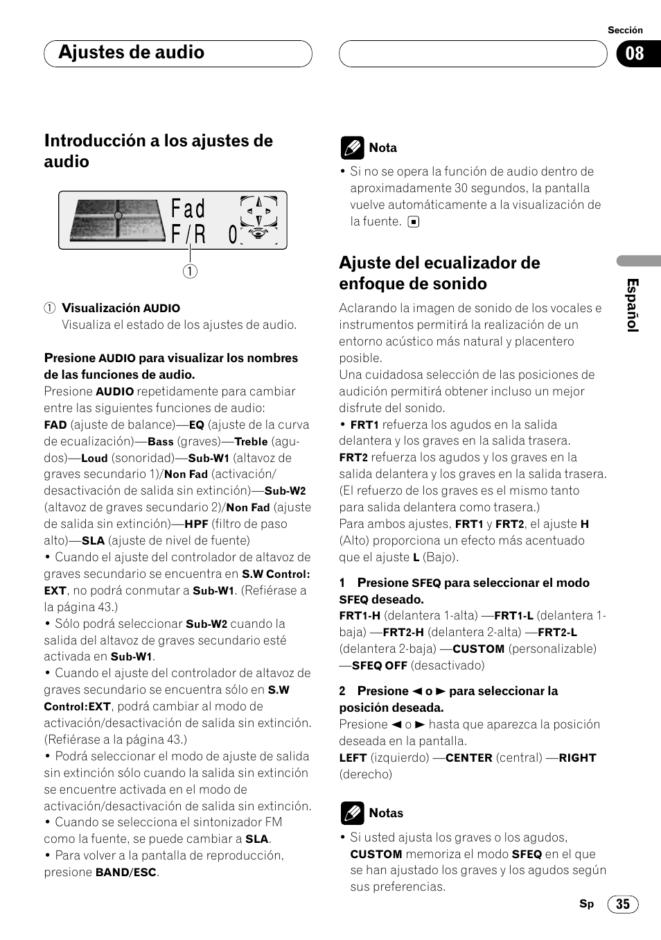 08 ajustes de audio, Introducción a los ajustes de audio, Ajuste del ecualizador de enfoque de sonido | Pioneer DEH-P7400MP User Manual | Page 89 / 112