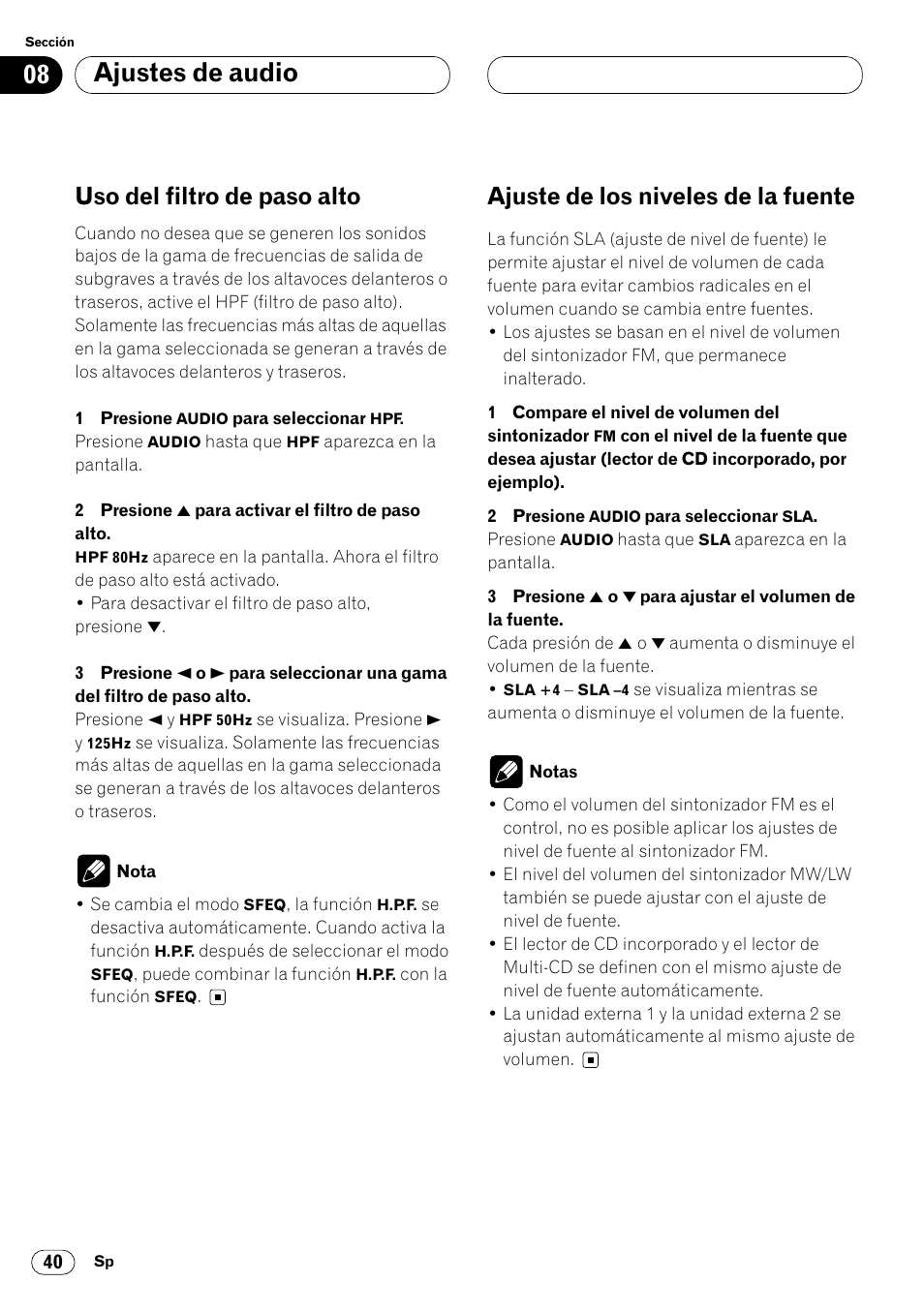 Ajustes de audio, Uso del filtro de paso alto, Ajuste de los niveles de la fuente | Pioneer DEH-P7400MP User Manual | Page 94 / 112