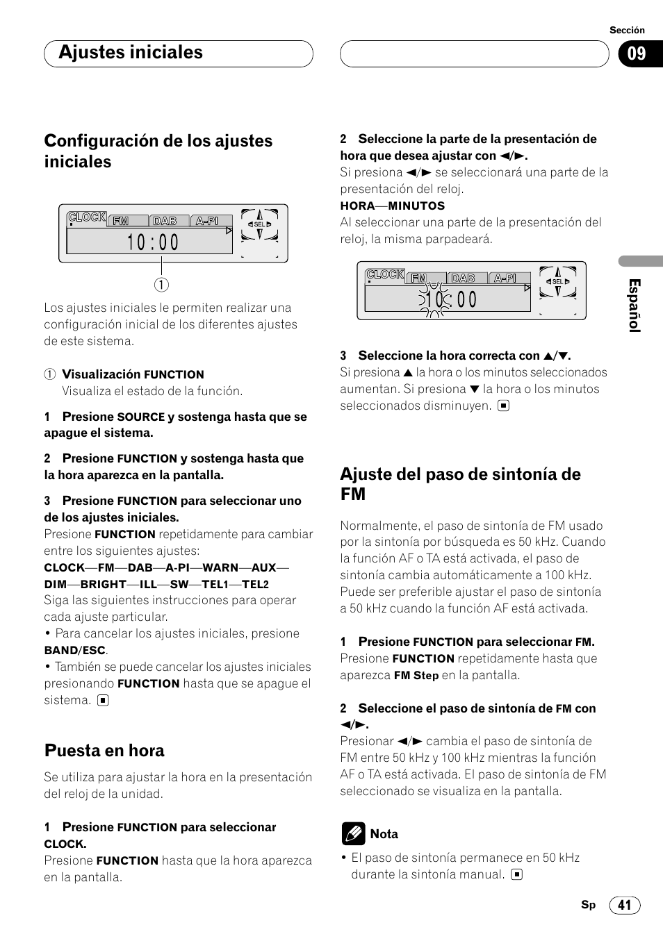 Ajustes iniciales, Configuración de los ajustes iniciales, Puesta en hora | Ajuste del paso de sintonía de fm | Pioneer DEH-P7400MP User Manual | Page 95 / 112