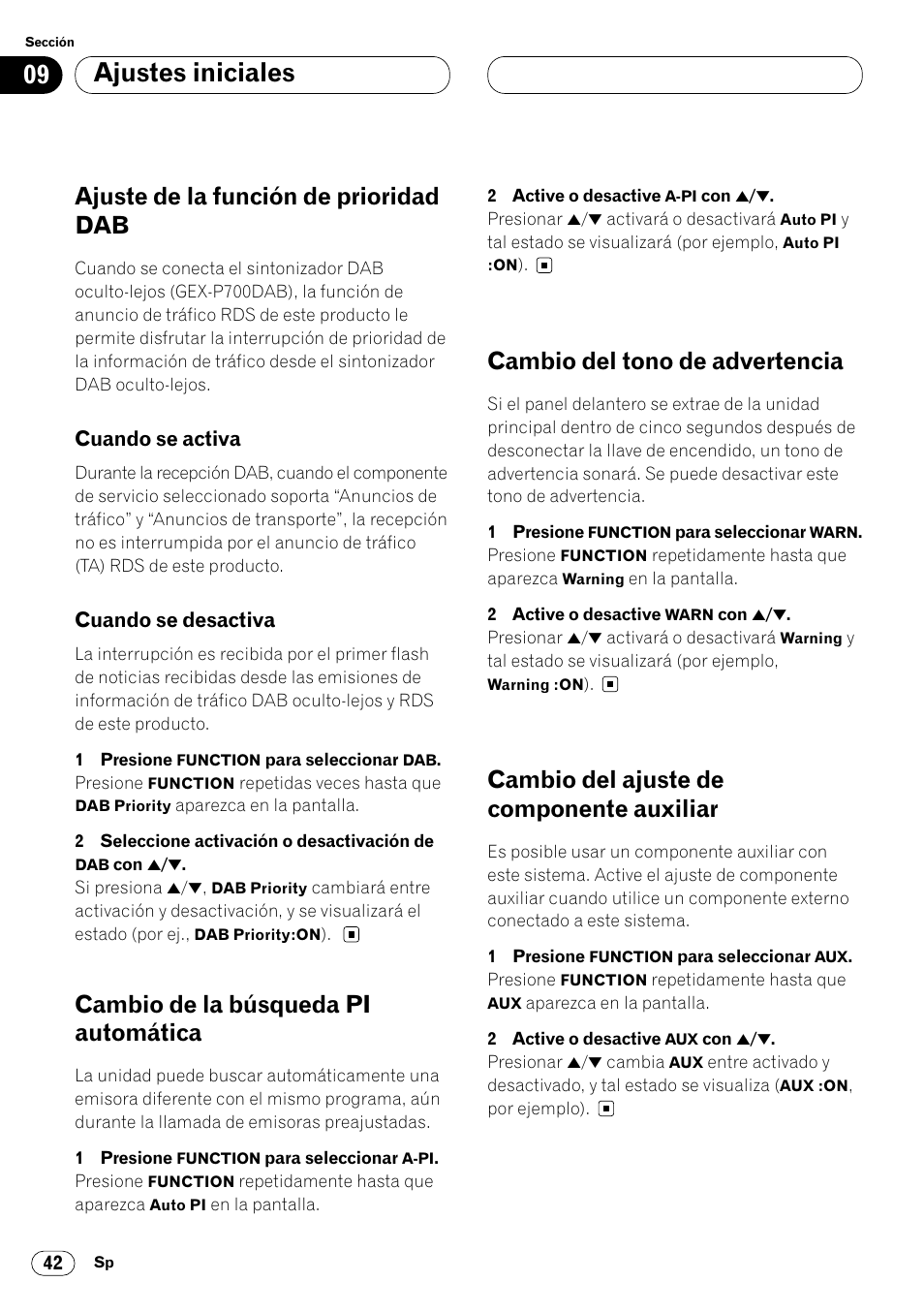 Ajuste de la función de prioridad dab 42, Cuando se activa 42 • cuando se desactiva 42, Ajustes iniciales | Ajuste de la función de prioridad dab, Cambio de la búsqueda pi automática, Cambio del tono de advertencia, Cambio del ajuste de componente auxiliar | Pioneer DEH-P7400MP User Manual | Page 96 / 112