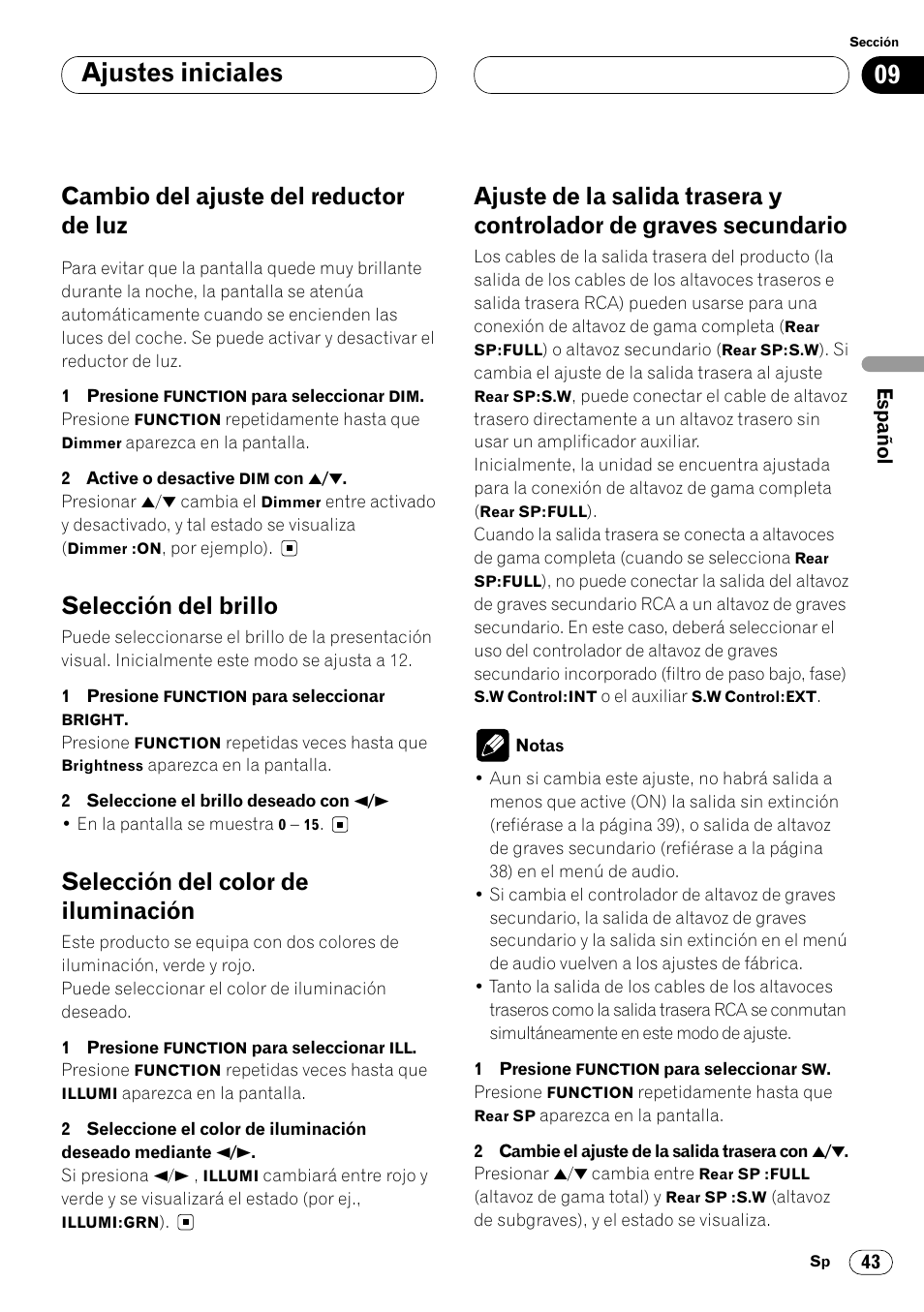 Graves secundario 43, Ajustes iniciales, Cambio del ajuste del reductor de luz | Selección del brillo, Selección del color de iluminación | Pioneer DEH-P7400MP User Manual | Page 97 / 112