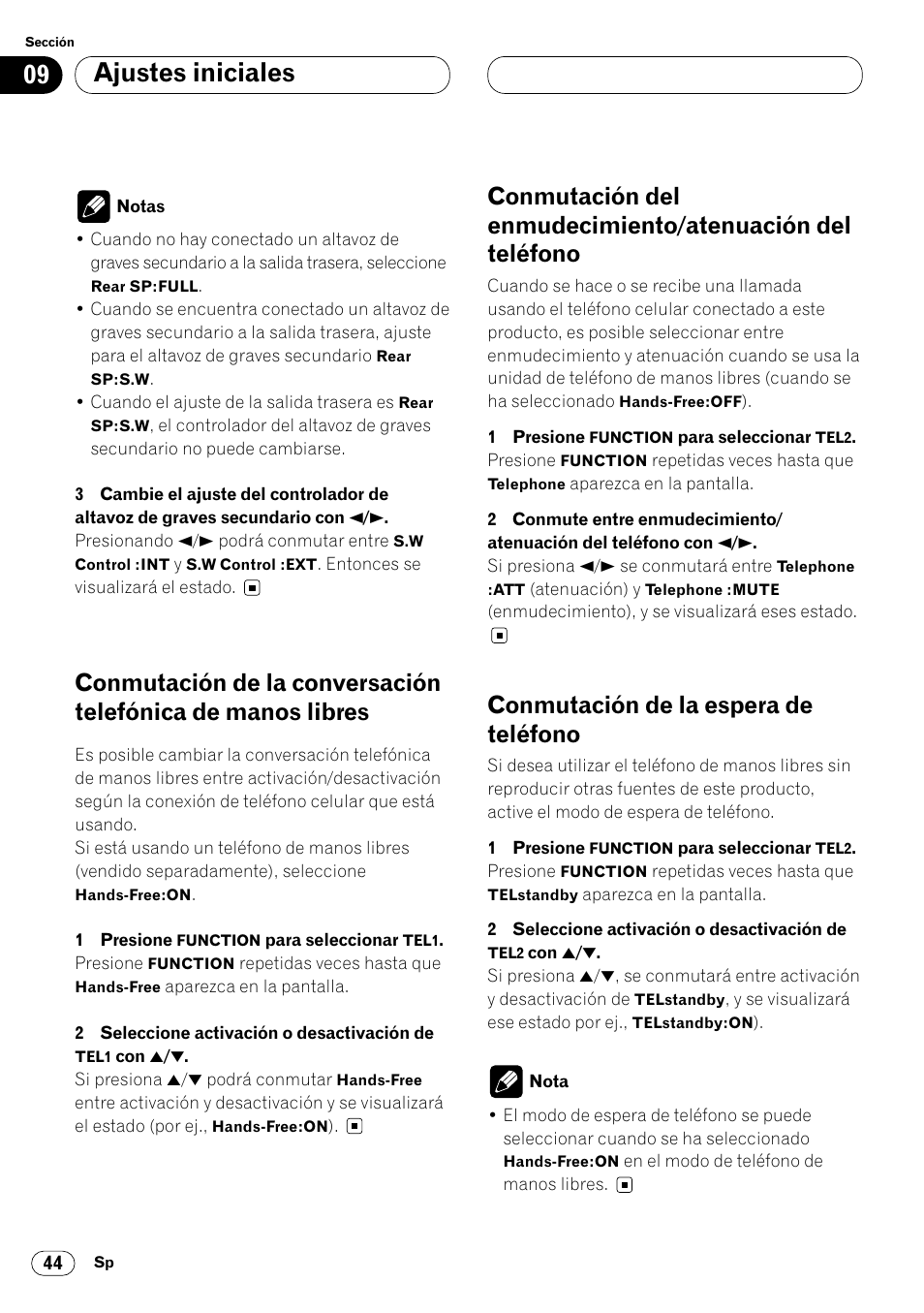 Conmutación de la conversación telefónica, De manos libres 44, Conmutación del enmudecimiento | Atenuación del teléfono 44, Conmutación de la espera de teléfono 44, Ajustes iniciales, Conmutación de la espera de teléfono | Pioneer DEH-P7400MP User Manual | Page 98 / 112