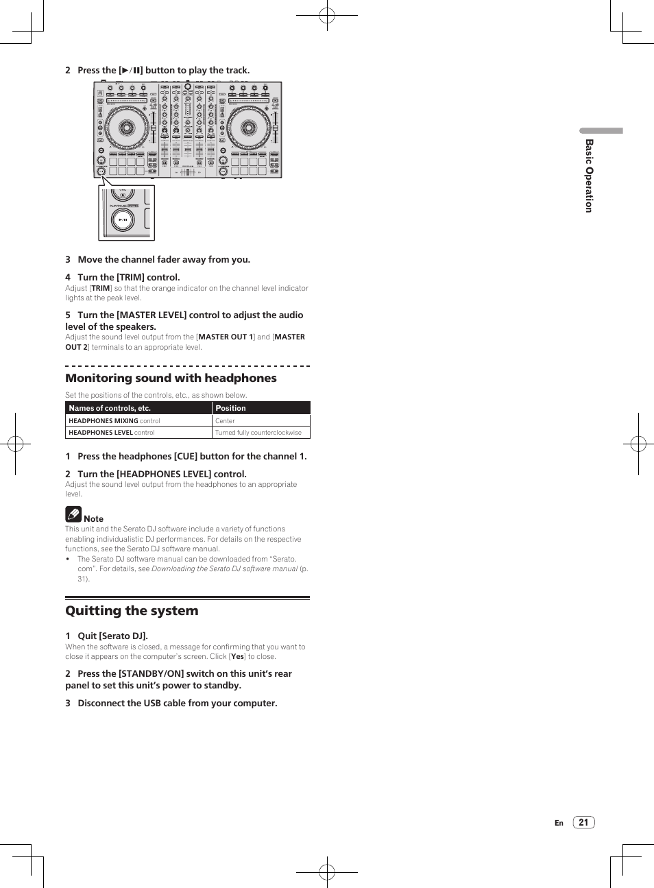 Quitting the system, Monitoring sound with headphones | Pioneer DDJ-SX User Manual | Page 21 / 33