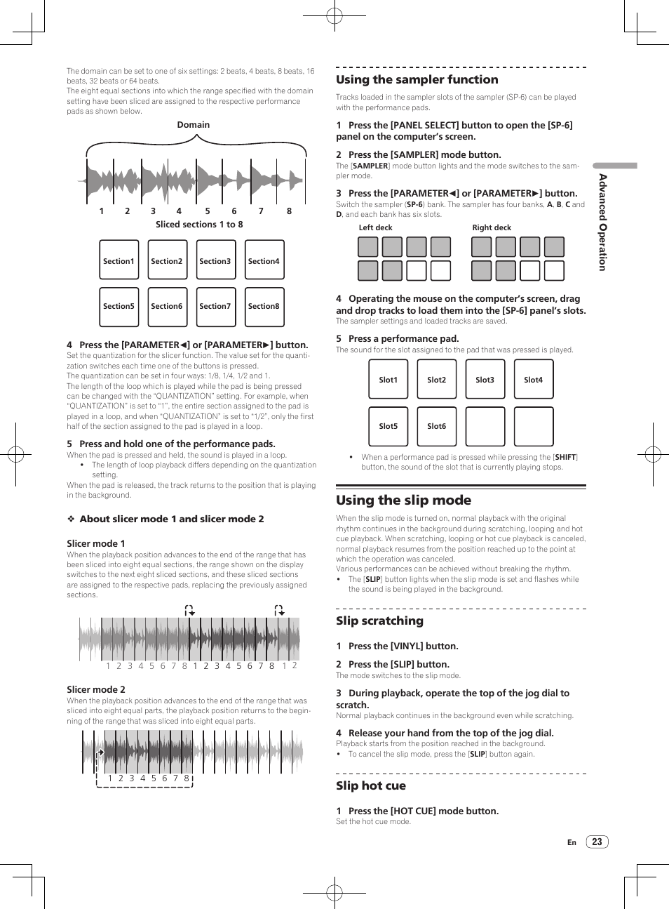 Using the slip mode, Using the sampler function, Slip scratching | Slip hot cue | Pioneer DDJ-SX User Manual | Page 23 / 33