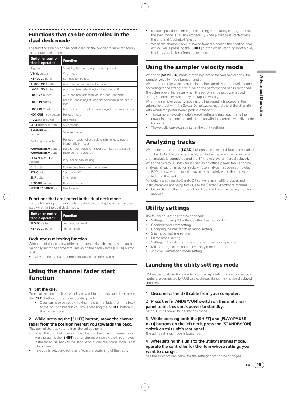 Using the channel fader start function, Using the sampler velocity mode, Analyzing tracks | Utility settings, Launching the utility settings mode | Pioneer DDJ-SX User Manual | Page 25 / 33