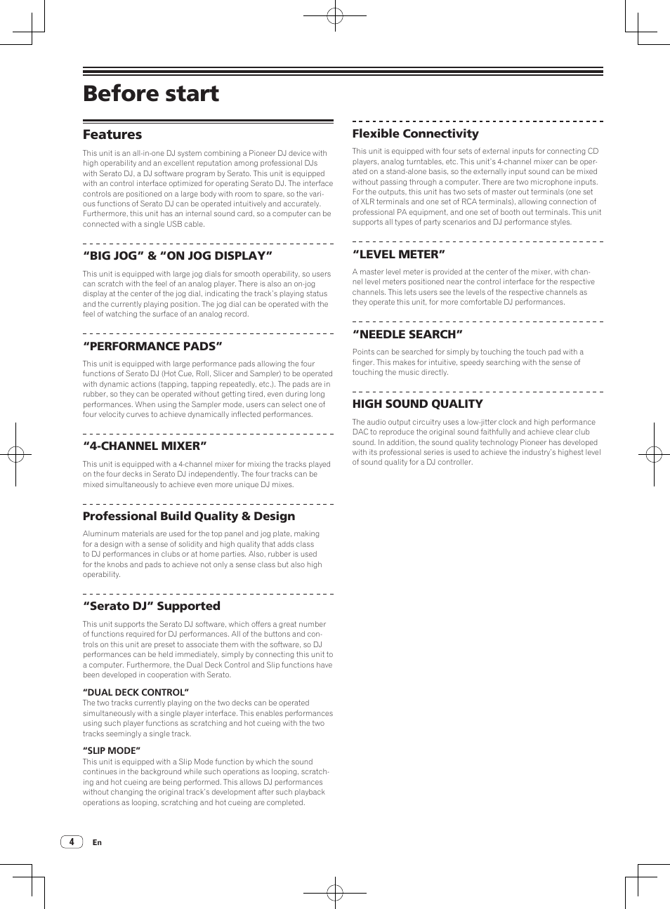 Before start, Features | Pioneer DDJ-SX User Manual | Page 4 / 33