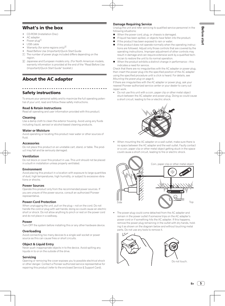 What’s in the box, About the ac adapter, What’s in the box about the ac adapter | Safety instructions | Pioneer DDJ-SX User Manual | Page 5 / 33