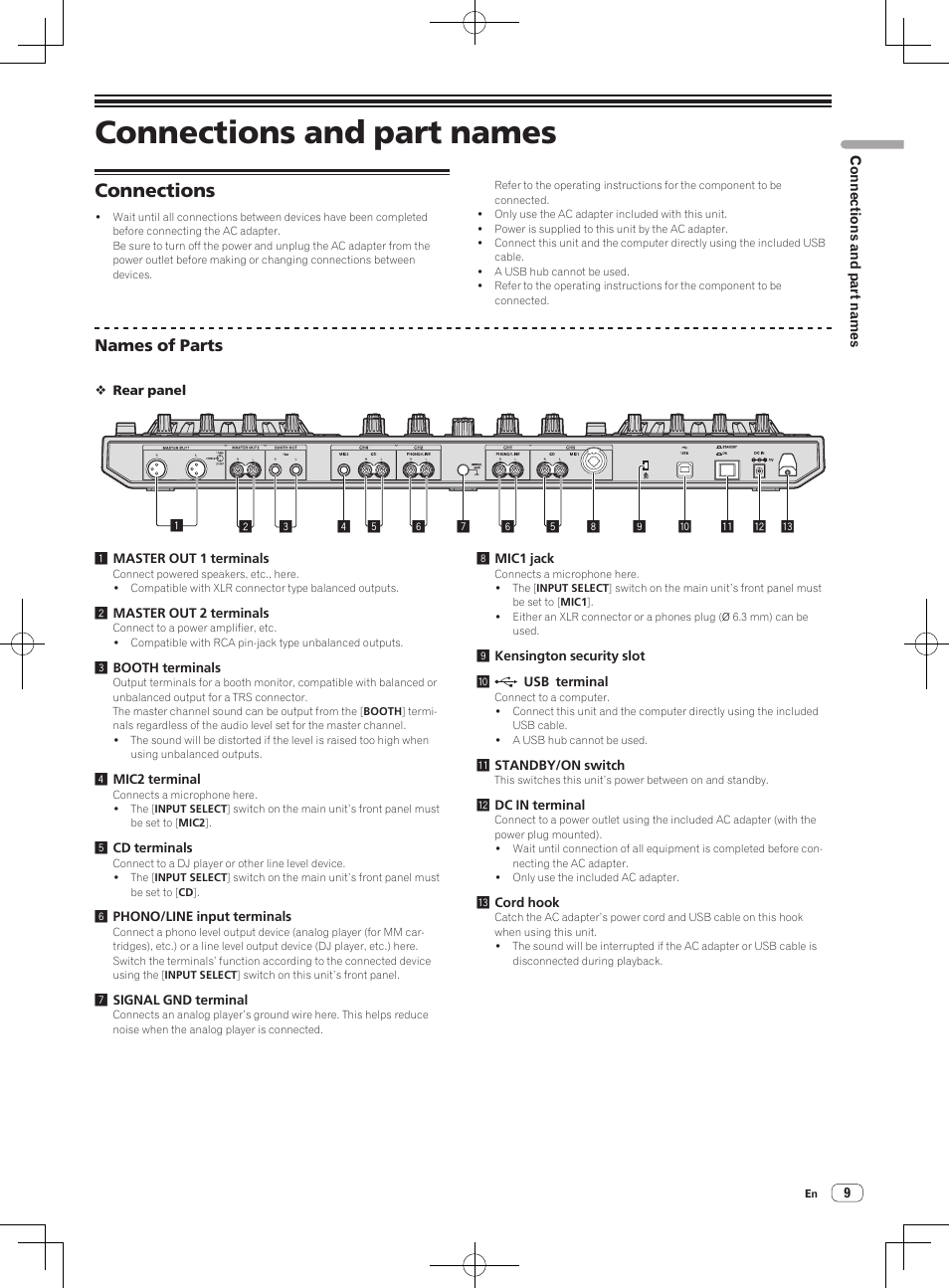 Connections and part names, Connections | Pioneer DDJ-SX User Manual | Page 9 / 33
