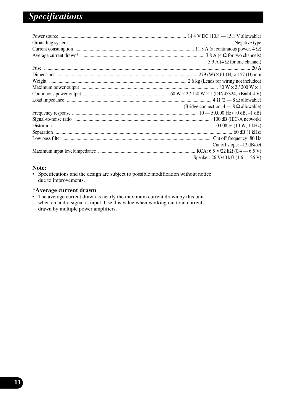 Specifications | Pioneer GM-X362 User Manual | Page 12 / 76