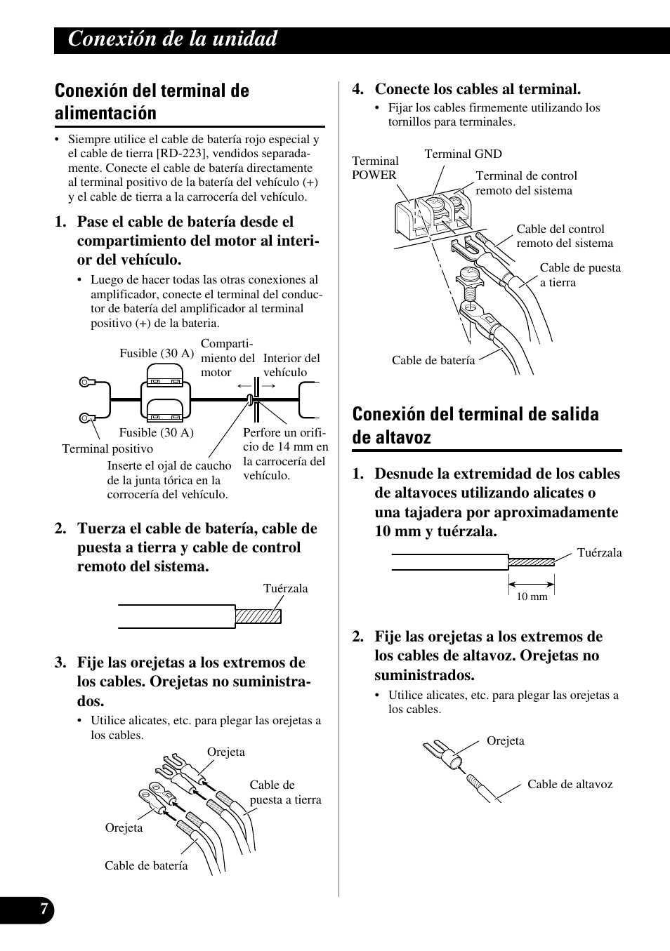 Conexión de la unidad, Conexión del terminal de alimentación, Conexión del terminal de salida de altavoz | Pioneer GM-X362 User Manual | Page 20 / 76