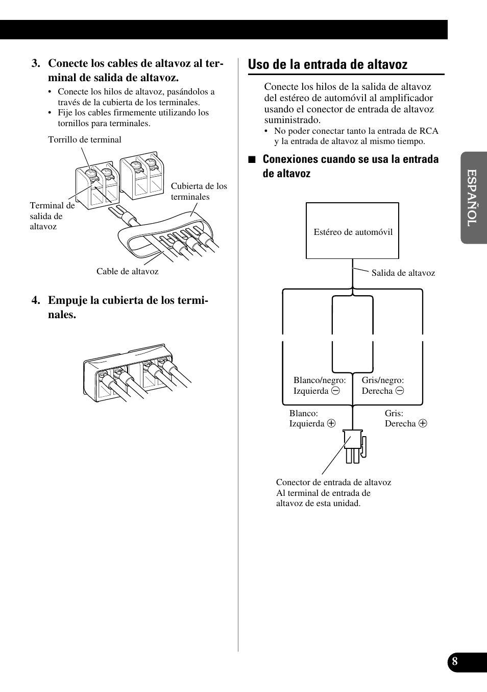 Uso de la entrada de altavoz | Pioneer GM-X362 User Manual | Page 21 / 76
